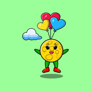 Ay 'ın şirin maskotu balonla paraşütle atlıyor ve mutlu bir jest yapıyor. Modern tarz tasarım.