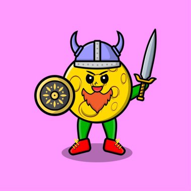 Şapkalı, elinde kılıç ve kalkanla sevimli, modern stil tasarımlı Ay viking korsanı.