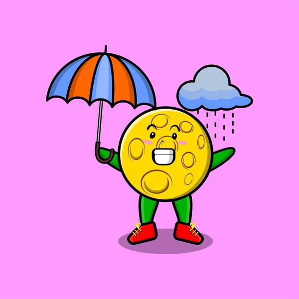 雨中可爱的卡通人物 使用3D现代风格的雨伞 — 图库矢量图片
