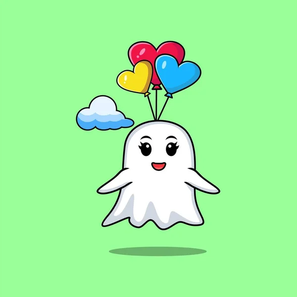 Leuke Cartoon Ghost Mascotte Parachutespringen Met Ballon Gelukkig Gebaar Leuke — Stockvector