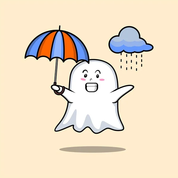 Cute Cartoon Ghost Character Rain Using Umbrella Modern Style Design — Stock Vector