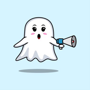 Şirin hayalet karakteri megafonla 3 boyutlu karikatür tarzı konuşuyor.