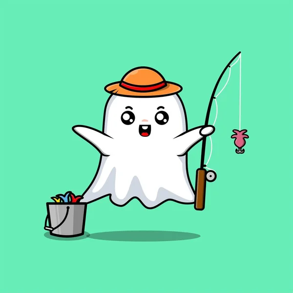 Χαριτωμένο Φάντασμα Κινουμένων Σχεδίων Έτοιμο Ψάρεμα Φορώντας Εξοπλισμό Αλιείας Χαρακτήρα — Διανυσματικό Αρχείο