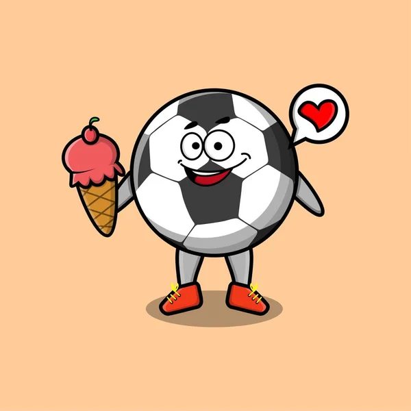 かわいい漫画サッカーボールやサッカーのキャラクターアイスクリームコーンを保持 — ストックベクタ