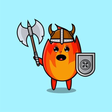 Sevimli çizgi film karakteri Ateş Viking korsanı şapkalı ve elinde baltayla modern tasarım kalkanı var.