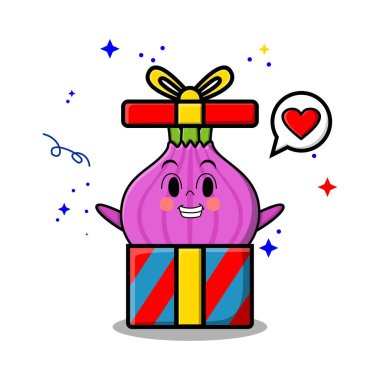 Büyük hediye kutusundan çıkan sevimli soğan karakteri çok mutlu görünüyor.