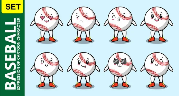 Definir Kawaii Bonitinho Beisebol Personagem Cartoon Bola Com Expressões Diferentes —  Vetores de Stock