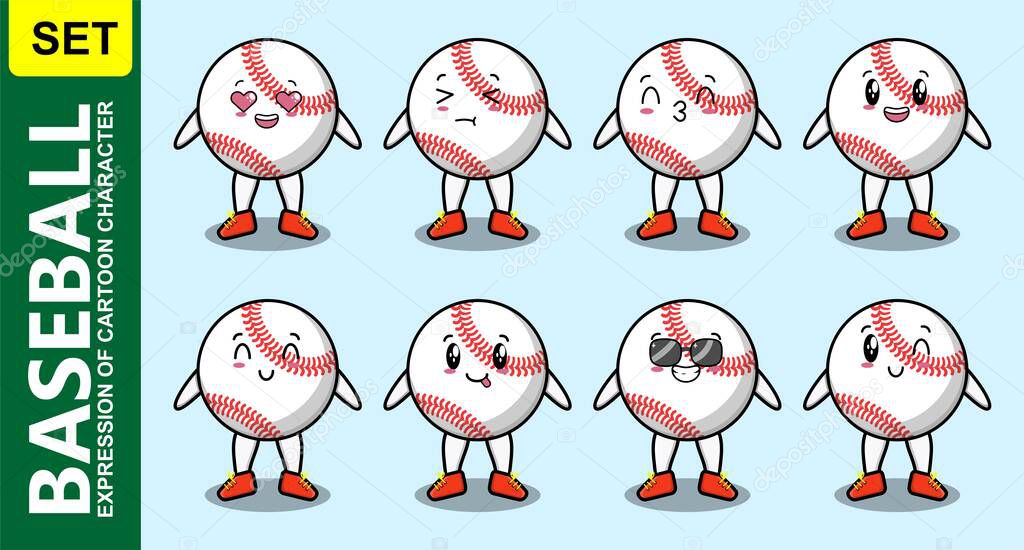 Set kawaii cute baseball ball cartoon character with different expressions