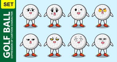 Kawaii golf topu çizgi film karakterini çizgi film yüz çizimlerinin farklı ifadeleriyle ayarla