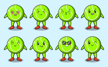 Kawaii tenis topu çizgi film karakterini çizgi film yüz çizimlerinin farklı ifadeleriyle ayarla