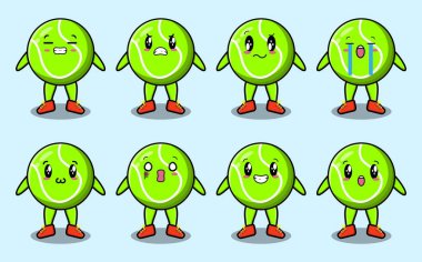 Kawaii tenis topu çizgi film karakterini çizgi film yüz çizimlerinin farklı ifadeleriyle ayarla