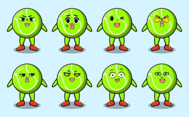 Kawaii tenis topu çizgi film karakterini çizgi film yüz çizimlerinin farklı ifadeleriyle ayarla