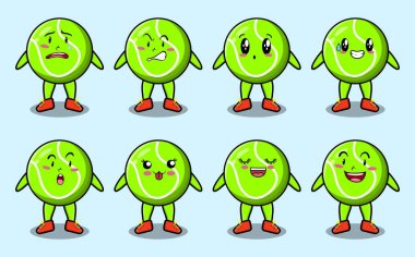 Kawaii tenis topu çizgi film karakterini çizgi film yüz çizimlerinin farklı ifadeleriyle ayarla