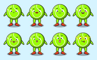 Kawaii tenis topu çizgi film karakterini çizgi film yüz çizimlerinin farklı ifadeleriyle ayarla