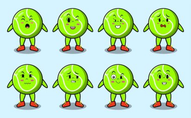 Kawaii tenis topu çizgi film karakterini çizgi film yüz çizimlerinin farklı ifadeleriyle ayarla