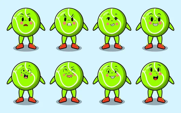 Conjunto Kawaii Personagem Desenho Animado Bola Tênis Com Diferentes Expressões —  Vetores de Stock