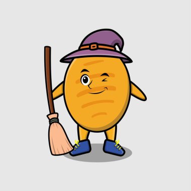 Tatlı çizgi film cadısı şapkası ve süpürgesi olan ekmek karakteri.