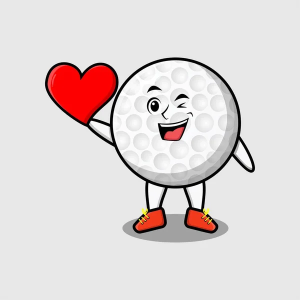 モダンなスタイルのデザインで大きな赤いハートを持つかわいい漫画のゴルフボールキャラクター — ストックベクタ