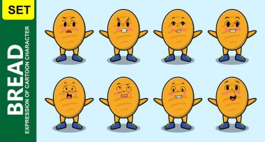 Kawaii ekmek çizgi film karakterini farklı çizgi film yüz çizimleri ile ayarla