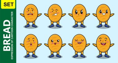 Kawaii ekmek çizgi film karakterini farklı çizgi film yüz çizimleri ile ayarla