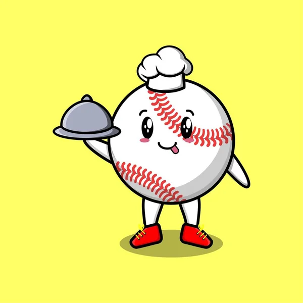 Bonito Cartoon Chef Beisebol Mascote Bola Personagem Servindo Comida Bandeja —  Vetores de Stock