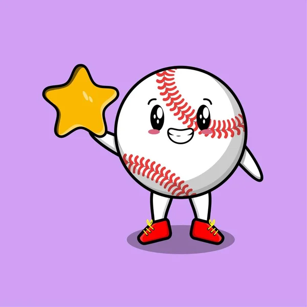 Bonito Personagem Bola Beisebol Desenhos Animados Segurando Grande Estrela Dourada —  Vetores de Stock