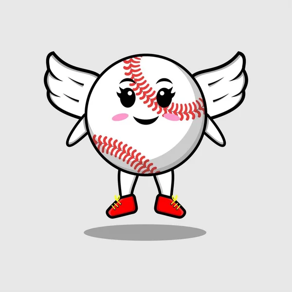 Cute Kreskówki Baseball Piłka Postać Noszenie Skrzydła Nowoczesnym Stylu Projektowania — Wektor stockowy