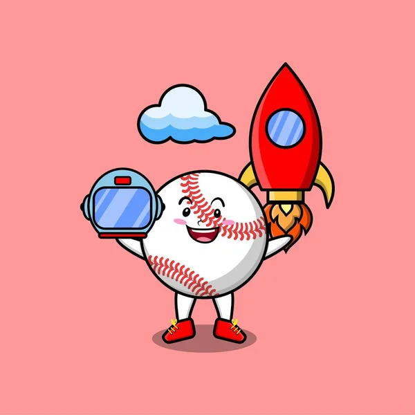 Cute Postać Kreskówki Baseball Baseball Jako Astronauta Rakiety Steru Chmury — Wektor stockowy