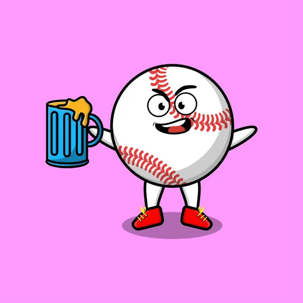Pelota Béisbol Personaje Mascota Dibujos Animados Con Vaso Cerveza Lindo — Vector de stock