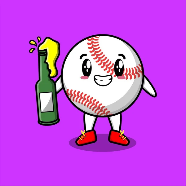 Bonito Personagem Desenho Animado Bola Beisebol Com Garrafa Refrigerante Design —  Vetores de Stock