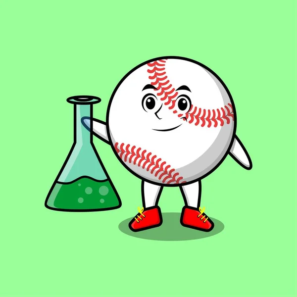 Cute Kreskówki Maskotka Postać Baseball Piłka Jako Naukowiec Chemicznego Szkła — Wektor stockowy