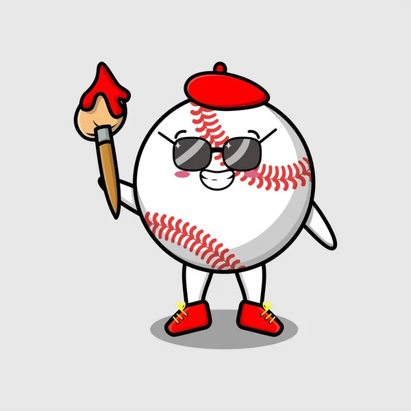 Personagem Desenho Animado Bonito Pintor Bola Beisebol Com Chapéu Uma —  Vetores de Stock
