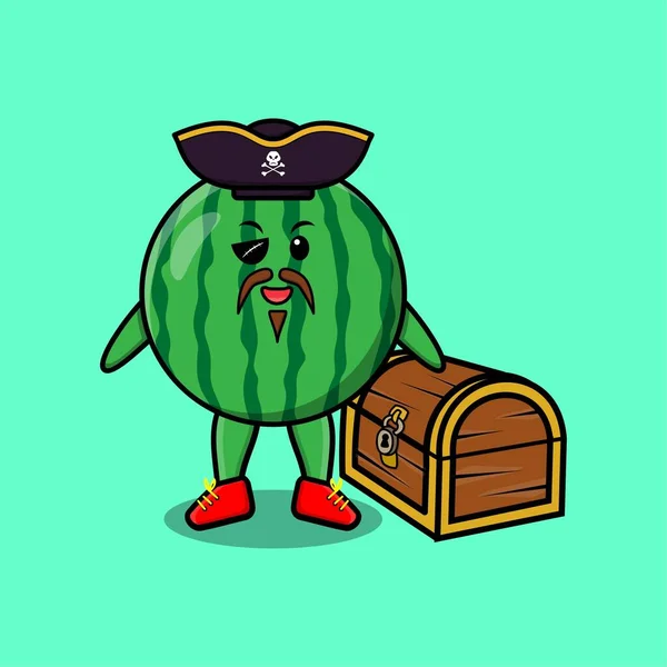 Personagem Desenho Animado Bonito Watermelon Pirata Com Caixa Tesouro Design — Vetor de Stock