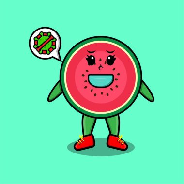 Corona virüsünü önlemek için maske kullanan sevimli maskot illüstrasyon karpuzu.