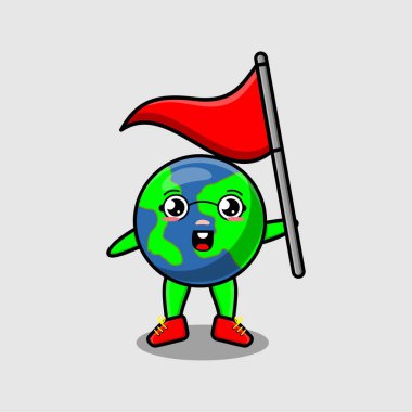 Sevimli çizgi film karakteri, elinde 3D modern tasarımla üçgen bayrak tutuyor.