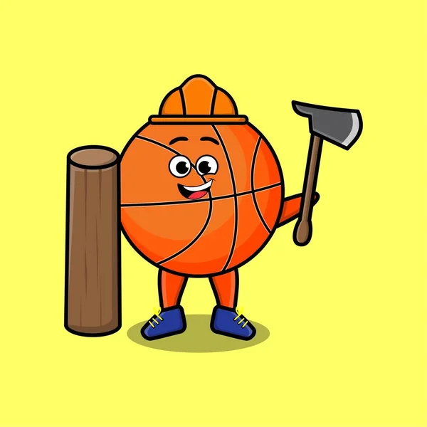 Lindo Baloncesto Dibujos Animados Como Personaje Carpintero Con Hacha Madera — Vector de stock