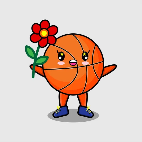 Mignon Personnage Basket Ball Dessin Animé Tenant Fleur Rouge Dans — Image vectorielle