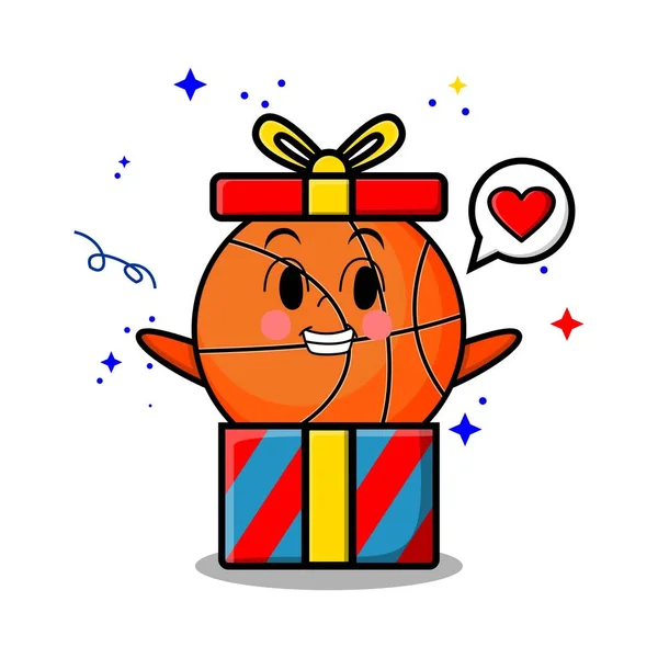 Lindo Personaje Baloncesto Dibujos Animados Saliendo Caja Regalo Grande Mirada — Archivo Imágenes Vectoriales