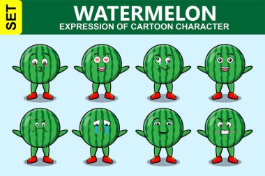 Kawaii karpuz çizgi film karakterini karikatür yüz vektör çizimlerinin farklı ifadeleriyle ayarla