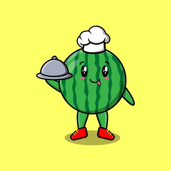 Mignon Personnage Mascotte Melon Eau Chef Cartoon Servant Nourriture Sur — Image vectorielle