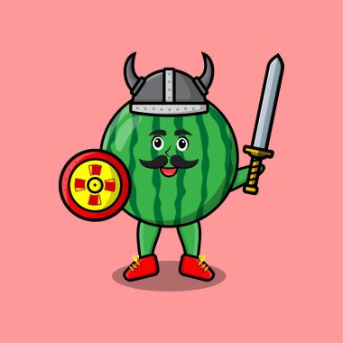 Sevimli çizgi film karakteri Karpuz Viking korsanı şapkası, kılıcı ve kalkanı var.