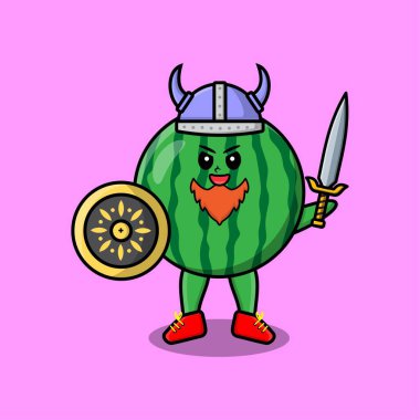 Sevimli çizgi film karakteri Karpuz Viking korsanı şapkası, kılıcı ve kalkanı var.