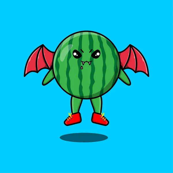 Nettes Maskottchen Zeichentrickfigur Wassermelone Als Dracula Mit Flügeln Niedlichen Modernen — Stockvektor