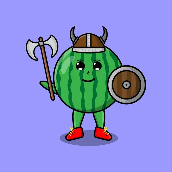 Cute Cartoon Character Watermelon Viking Pirate Hat Holding Shield Modern — Stock Vector