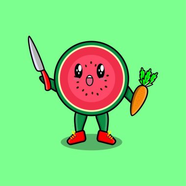Modern tarzda elinde bıçak ve havuç tutan sevimli karpuz karakteri. 