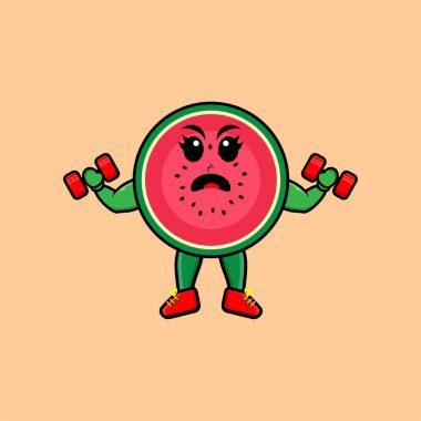 Sevimli karpuz karakteri modern stil tasarımında halterli fitness.