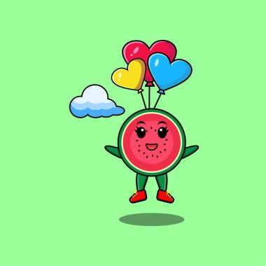 Tatlı karpuz maskotu balonla gökyüzü dalışı yapıyor ve mutlu bir jest modern tarz tasarım.