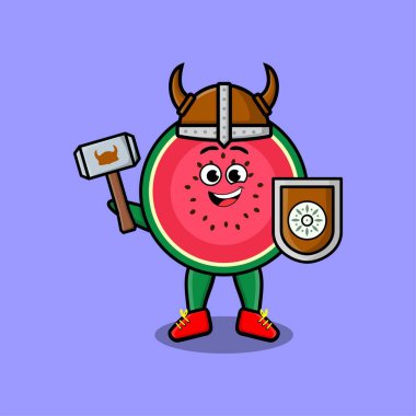 Sevimli çizgi film karakteri Karpuz Viking korsanı. Şapkası, çekici ve kalkanı var.