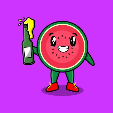 Tatlı çizgi film karakteri, karpuz ve gazoz şişesi modern, şirin bir tasarım.