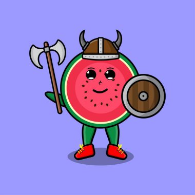 Sevimli çizgi film karakteri Karpuz Viking korsanı şapkalı ve elinde baltayla modern tasarım kalkanı var. 